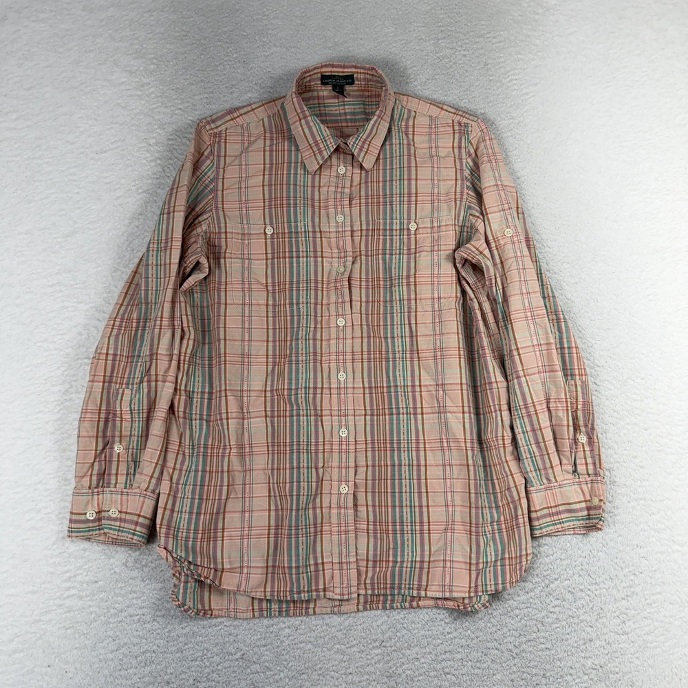 Ralph Lauren LRL Lauren Jeans Co Women's Shirt Top Button Size Large Plaid Pink